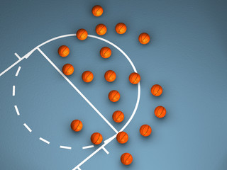 Some basketballs drawing a Dollar symbol on a blue floor