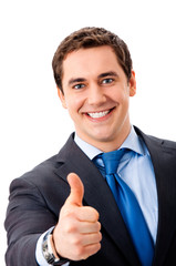 Happy businessman with thumbs up gesture, isolated on white
