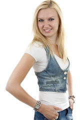 portrait of young blonde woman over white background