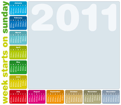 Colorful Calendar 2011, , week starts on Sunday