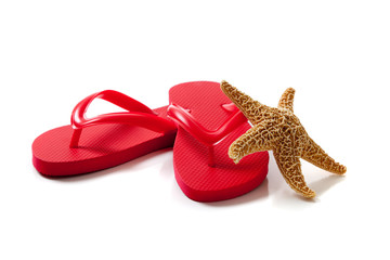 Colored flipflops and starfish on a white background