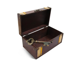empty Treasure chest with vintage key