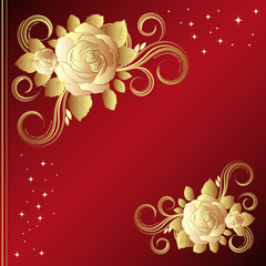 Red background with golden roses, vector illustration.