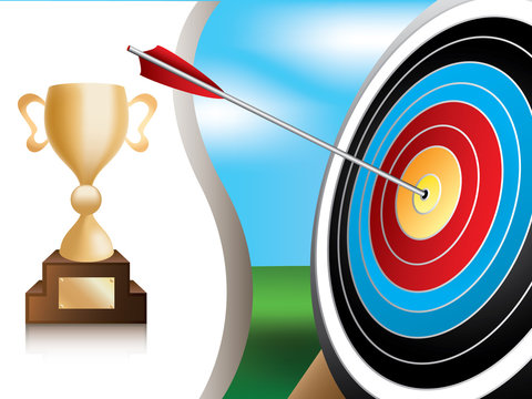 archery target and gold trophy