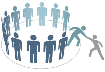 Helper helps friend join group of people members company