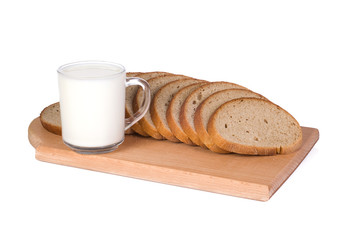 milk and bread on white