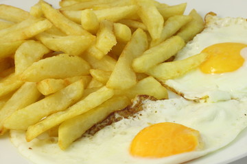 Plate of french fries and eggs