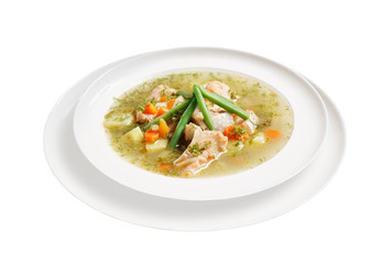 Appetizing soup with meat and vegetables in plate