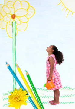Little Girl in Pencil Drawn Garden