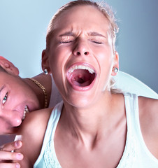 Wild boy bite women shoulder, woman screeming