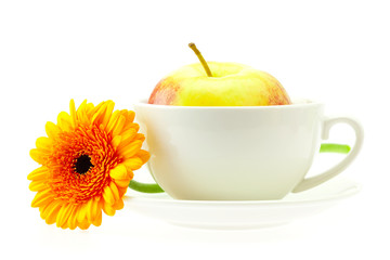 apple in a cup and a flower isolated on white