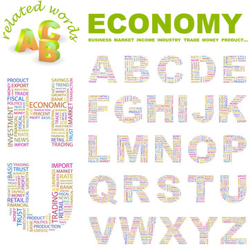 ECONOMY. Wordcloud alphabet with different association terms.