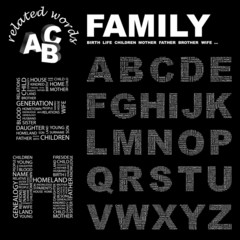 FAMILY. Alphabet. Illustration with different association terms.