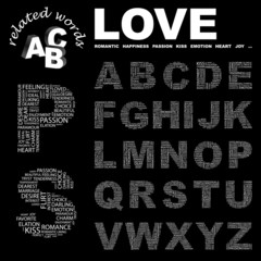 LOVE. Alphabet. Illustration with different association terms.