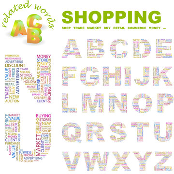 SHOPPING. Wordcloud alphabet with different association terms.