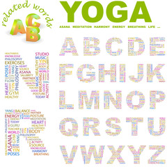 YOGA. Vector letter collection. Wordcloud illustration.