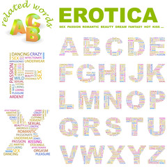 EROTICA. Wordcloud alphabet with different association terms.