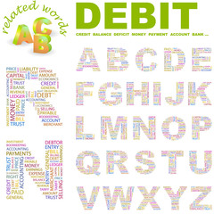 DEBIT. Alphabet. Illustration with different association terms.