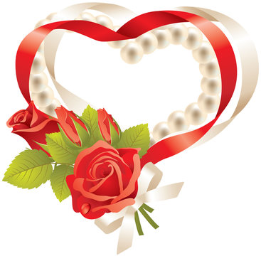red ribbon heart with pearls and roses clip art preview