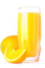 orange juice and slice isolated on white
