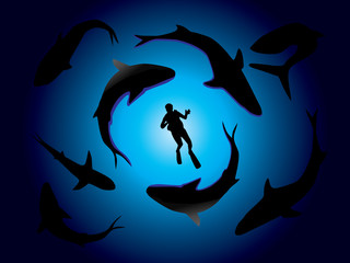 Obraz premium Sharks and scuba diver vector