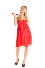 Isolated caucasian blond woman in red dress