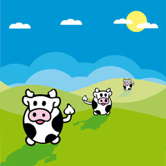 vector illustration of cows in a grassy field with blue sky