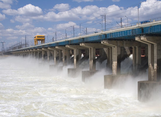 Reset of water at hydroelectric power station on the river