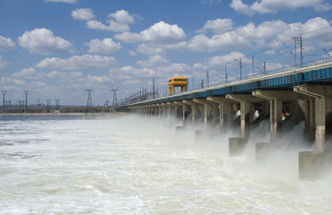 Reset of water at hydroelectric power station on the river