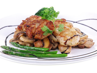 fried fish with vegetables isolated on white background
