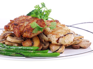 fried fish with vegetables isolated on white background