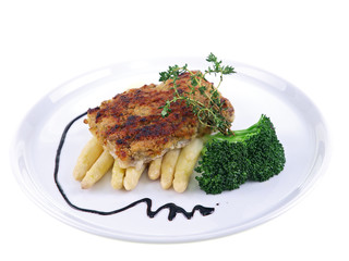 baked fish in crust & vegetables isolated on white background