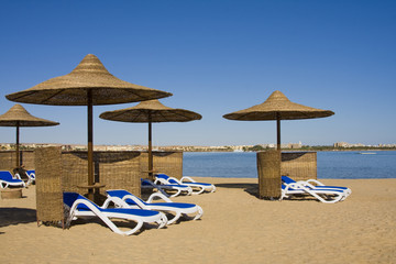 Beach umbrella on the shore of the Red Sea. Hurghada ,Egypt.