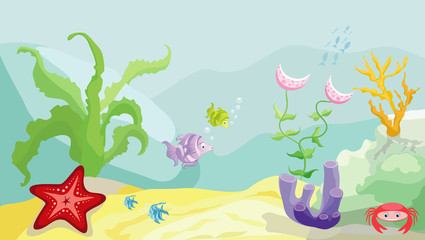 Sea bottom with fishes, starfish, crab and seaweed