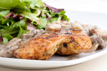 Mariniertes Huhn mit Weißwein-Champignon Soße und grünem Salat