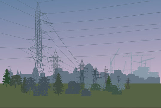 high-voltage line in green forest