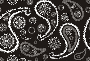 Retro seamless indian black-and-white paisley  vector pattern