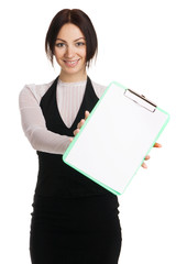 Beautiful young woman holding a blank sheet