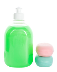 liquid soap and two bars of toilet soap