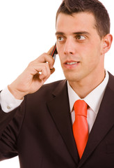 young business man on the phone, isolated  isolated on white bac