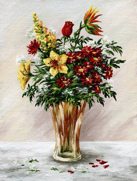 Bunch of flowers in a glass vase