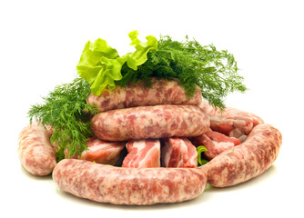 Meat, Sausages, salad and green dill