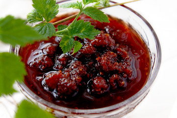 raspberry jam and raspberry leaves