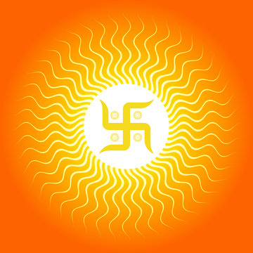 Spiritual Swastika on Sun Burst Background