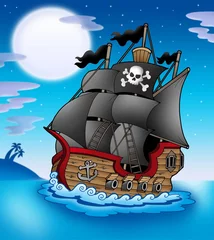 Stickers pour porte Pirates Bateau pirate la nuit