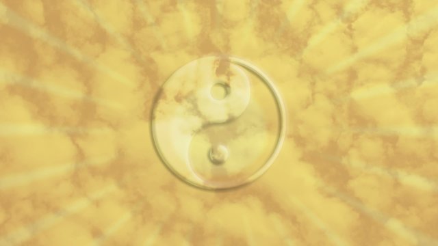 Yin YAn Animation vor blau / rotem Himmel