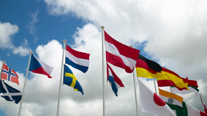 many international flags in row