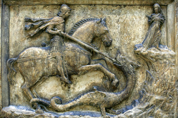 Medieval 16th century relief of St George and the Dragon
