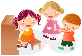 Kid playing Piano with Clipping Path