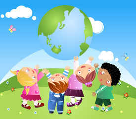 featuring kids holding up the Earth in their hands
